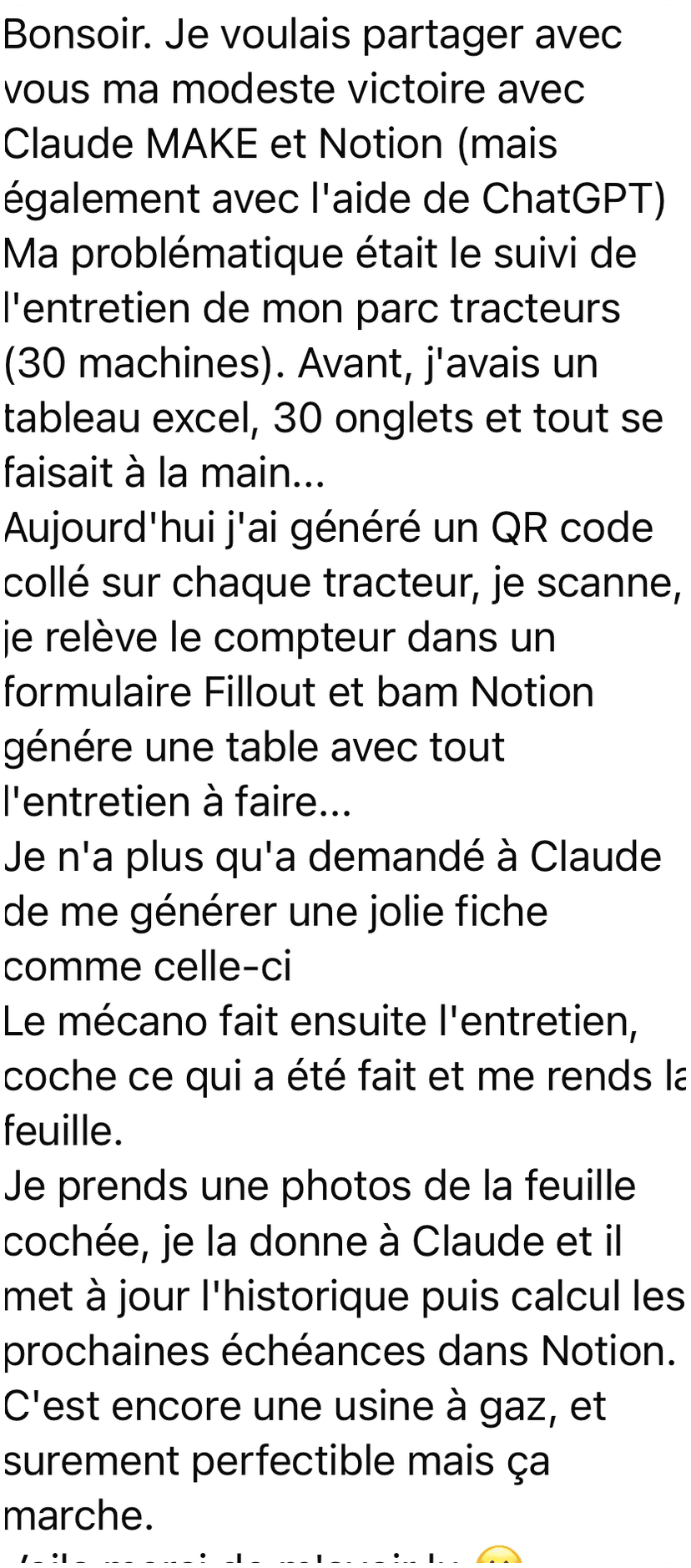 Témoignage WhatsApp — suivi de 30 tracteurs avec Claude, Make et Notion